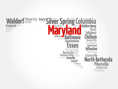 Maryland - a state located in the Mid-Atlantic region of the United States, word cloud silhouette concept background clipart