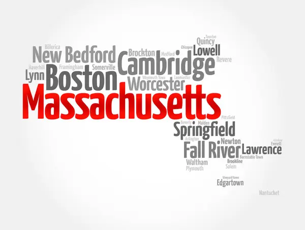 stock vector List of cities in Massachusetts - a state in the New England region of the northeastern United States, colonial history, diverse culture, prestigious universities, map silhouette word cloud