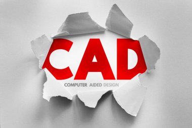 CAD kısaltması, yırtık kağıtlarla, aşağıdaki Bilgisayar Destekli Tasarım metniyle gösterilen kalın harflerle. Tasarım, mühendislik, taslak, modelleme ve modern dijital yaratıcılık araçlarını sembolize eder