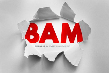 İş Aktivitesi İzleme için BAM kısaltması yırtık kağıt arkasında ortaya çıkarıldı, kritik işletme işlemleri ve performans ölçümlerinde gerçek zamanlı içgörü, analiz ve görünürlüğü sembolize ediyor