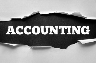 Sözcük Muhasebe Yırtık kağıt arka planda cesur sıkıntılı yazı tipi, finans, denetim, muhasebe, vergi yönetimi, iş analizi, raporlama ve denetimi sembolize