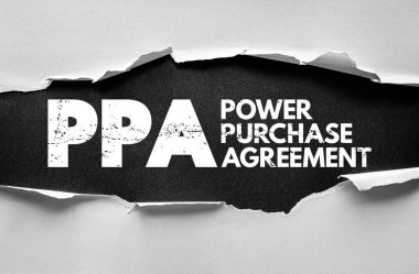 PPA Güç Satın Alma Anlaşması mesajı güçlü harflerle yazılmış, ticareti, sözleşmeleri ve yenilenebilir enerji anlaşmalarını sembolize ediyor