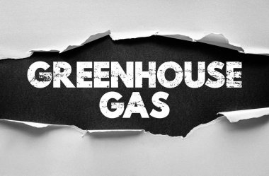 Yırtık kağıt üzerindeki GREENHOUSE GAS metni cesur ve sıkıntılı tipografiyi ortaya çıkarıyor. Çevre kavramı, iklim değişikliği sorunu, kirlilik ve karbon emisyon farkındalığı sembolü