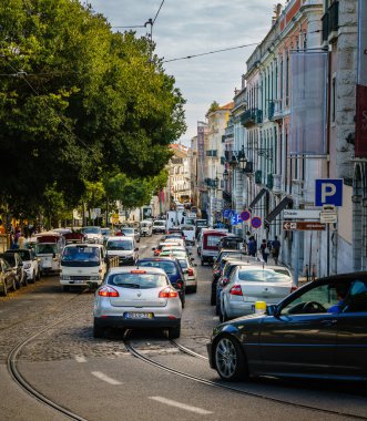Lisbon, Portugal, October 26, 2016: Evening rush hour in small streets of Lisbon city center