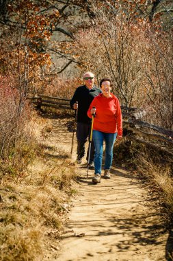 Senior couple is hiking in the woods in North Carolina in fall