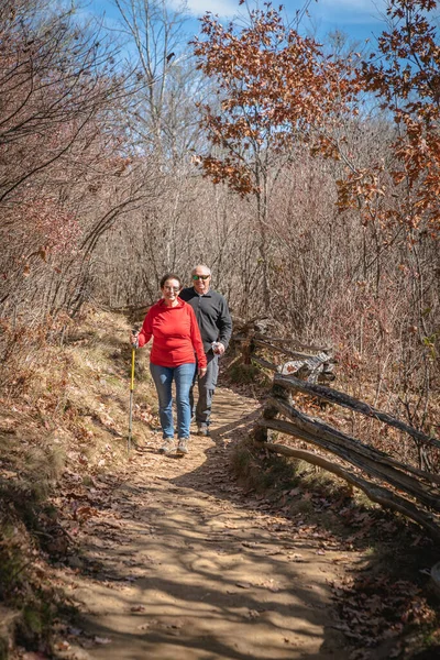 Senior Couple Hiking Woods North Carolina Fall — Foto de Stock