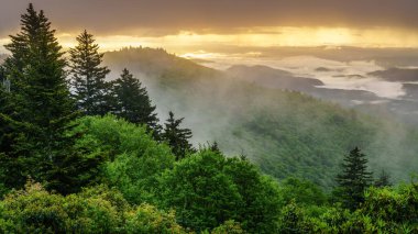 Blue Ridge Parkway 'den Smokie Dağları' nın manzarası dramatik akşam gökyüzü ve vadilerden yükselen sis