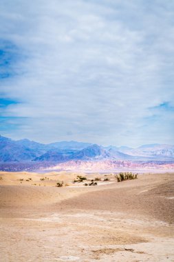 Mesquite Düz Kum tepelerinin ve Kaliforniya 'daki Ölüm Vadisi Ulusal Parkı' nın arkasındaki dağların manzarası.