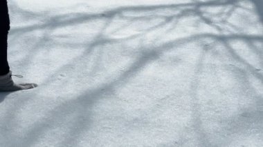 Kentucky 'deki bir parkta taze kar üzerinde yürürken kadın ayaklarının yakın çekim klipsi.