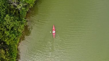 Kentucky 'de küçük bir gölde kano süren bir kadının yukarıdan aşağı görüntüsü.