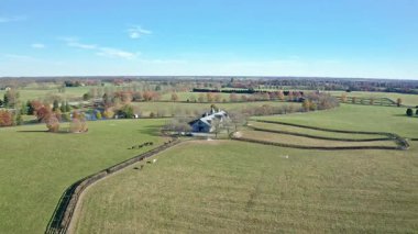 Kentucky 'deki bir at çiftliğinin havadan görünüşü ve çitleri.