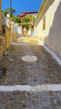 Yunanistan 'ın Mora eyaletinin Koroni kasabasında bir yayanın merdivenlerinden inen bir kadının dikey video klibi