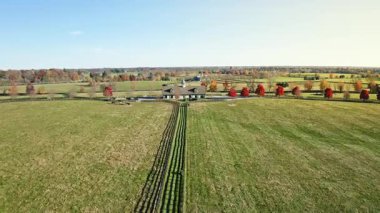 Kentucky 'deki bir at çiftliğinin havadan görünüşü ve çitleri.