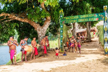 February 29, 2024, Central Panama: People from Embera tribe are welcoming tourists to their traditional village in Central Panama