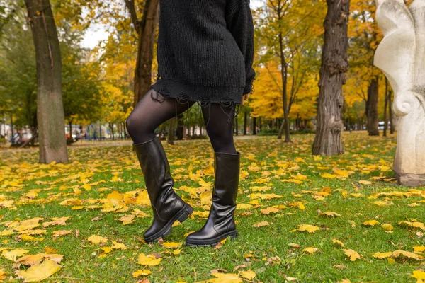 Ein Mädchen Warmen Stiefeln Posiert Vor Dem Hintergrund Heruntergefallenen Laubs — Stockfoto