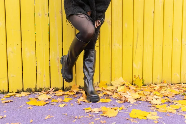 Een Meisje Warme Laarzen Poseert Tegen Een Achtergrond Van Gevallen — Stockfoto