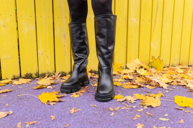 Sıcacık çizmeli bir kız arka planda düşen yapraklara poz veriyor.. 