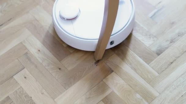自動掃除機 木製の床にロボット掃除機掃除機真空 ロボット掃除機掃除機効率よく家を掃除します スマートホーム 高品質4K映像 — ストック動画