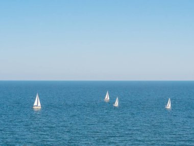 Yelkenli yat ya da yelkenli yelkenli grubu denizde ya da okyanusta yarış yapıyor.. 
