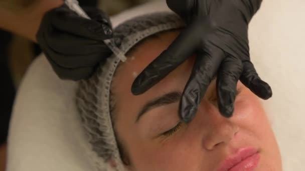 Beauty Clinic Beautician Hands Gloves Making Face Aging Injection Female — Stock Video