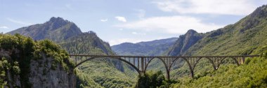 Kuzey Karadağ 'daki Tara Nehri üzerindeki Curdjevica kemer köprüsünün hava manzarası