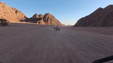 Mısır 'ın Sharm el Sheikh yakınlarındaki çölde bisiklet sürmek. ATVSand ve Sand Borkhan' daki çöl off-road maceraları. Kaya ve gün batımı. Dörtlü Bisiklet Seyahati. İnsanlarla Gezinti. 