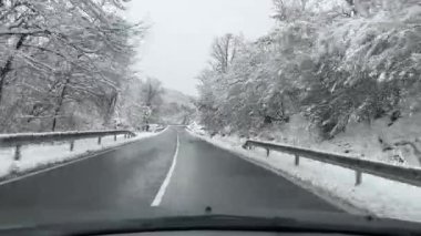 Kış Harikalar Diyarı Yolculuğu. Orman Yolu boyunca cephe manzarası büyüleyici bir orman yolunda kış yolculuğuna çıkıyor. Pov atışı. Karla kaplı ağaçlar. Dengeleyici ile çekildi. Yüksek kalite 4k