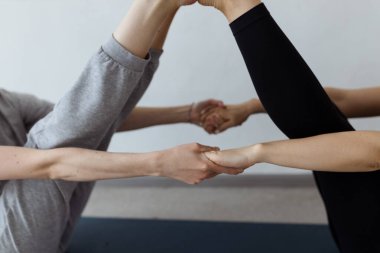 sporty yogi sisters doing fitness training. pair, couple yoga. 