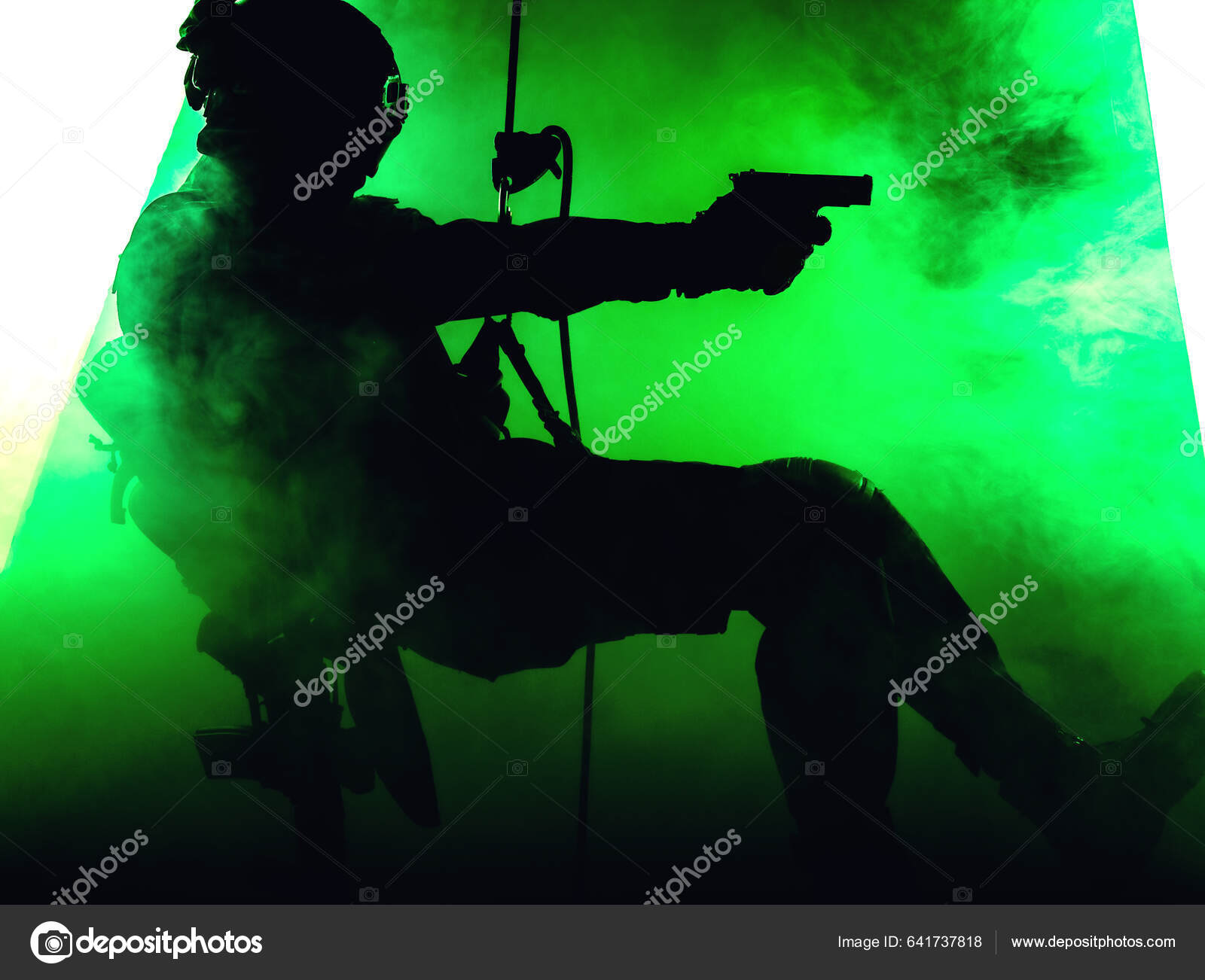 Silhouette Police Officer Tactical Gear Descending Height Rope Exercises  Weapons Stock Photo by ©zabelin 641737818