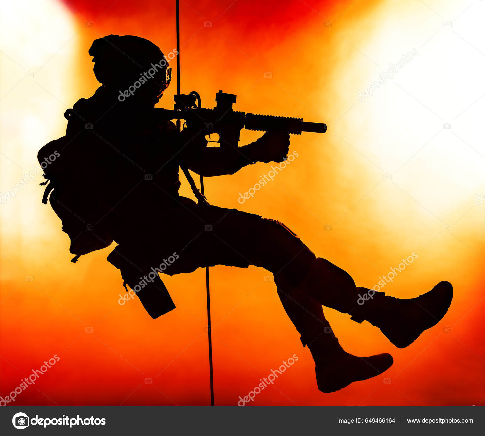 Silhouette Police Officer Tactical Gear Descending Height Rope Exercises  Weapons Stock Photo by ©zabelin 649466164