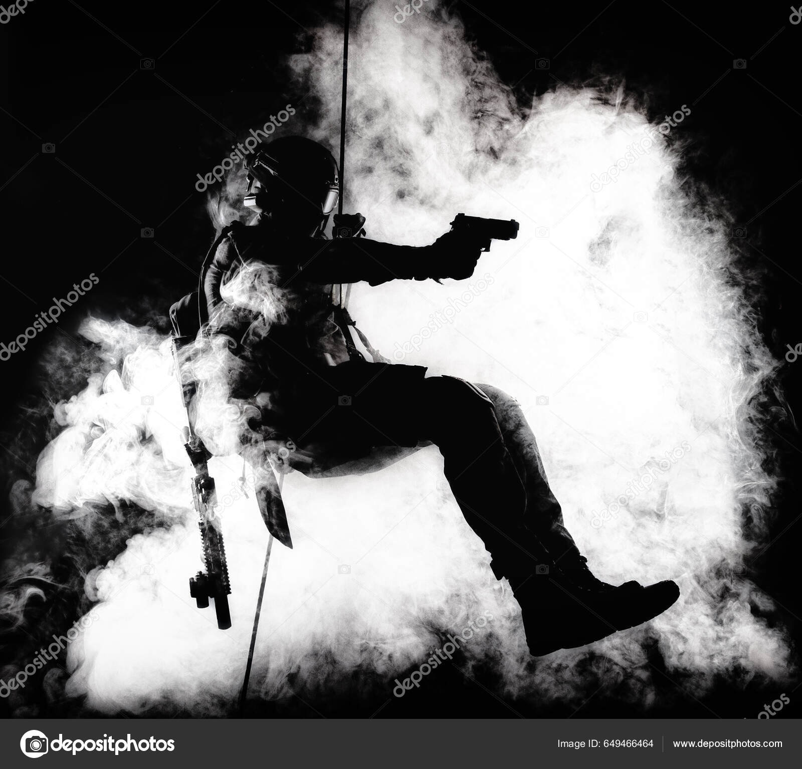 Silhouette Police Officer Tactical Gear Descending Height Rope Exercises  Weapons Stock Photo by ©zabelin 649466464