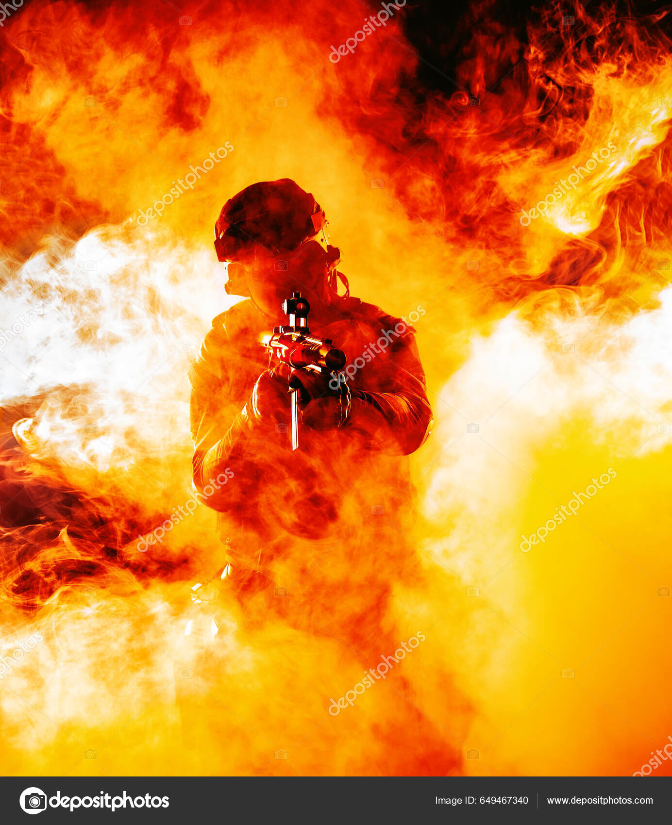 Silhouette Soldier Fire Smoke Danger Intensity Battle Dark Outline.