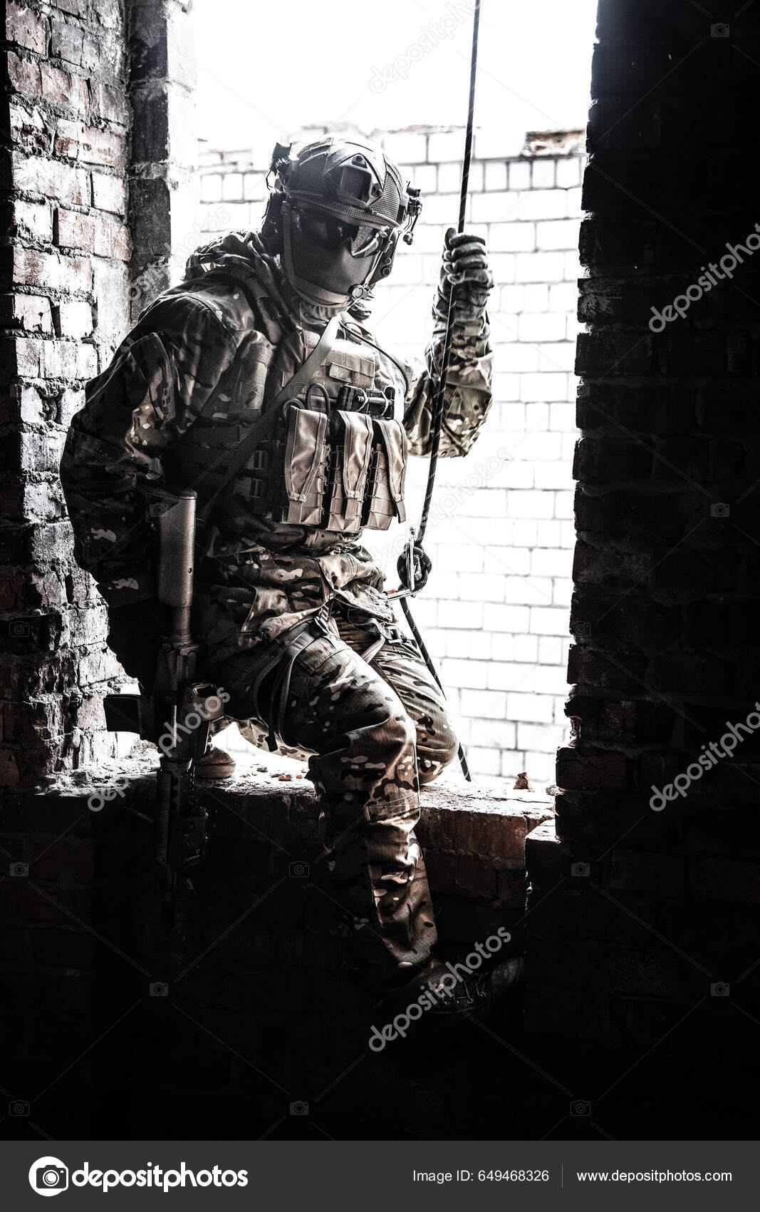 Black White Image Rappeller Police Officer Soldier Tactical Gear