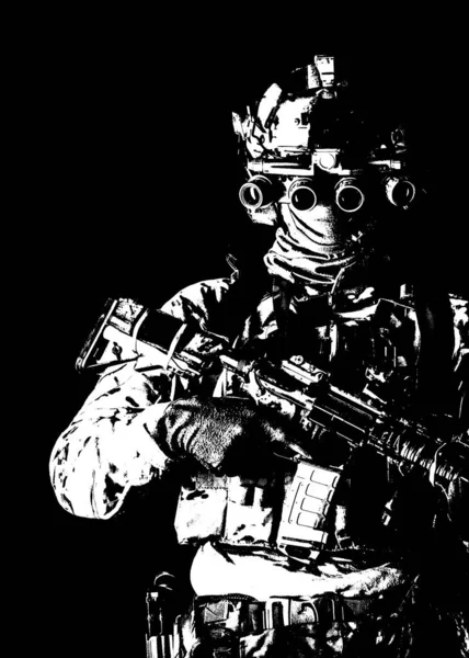 半分の長さ 軍兵士の低キースタジオ撮影 マスクの海兵隊歩兵 迷彩ユニフォーム 装備された近代的な弾薬 ヘルメットにナイトビジョン装置で暗闇の中に立つ武装サービスライフル ストック画像
