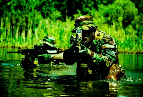 Soldiers Move Heart Marsh Crossing Swampy Waters Tropical Jungle Heat Stock Photo