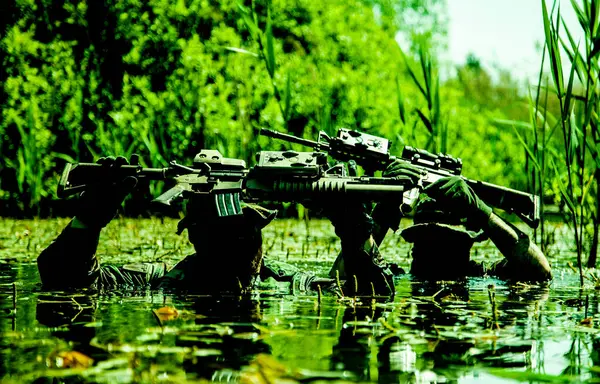 Soldados Movem Coração Pântano Submerso Águas Pantanosas Com Apenas Armas Fotos De Bancos De Imagens