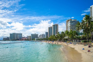 Hawaii, ABD 'deki Oahu adasındaki Waikiki plajının manzarası.