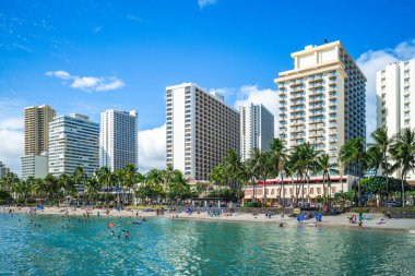 Hawaii, ABD 'deki Oahu adasındaki Waikiki plajının manzarası.