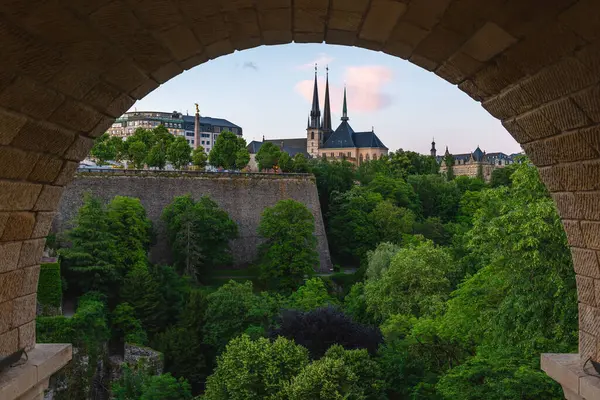 stock image Luxembourg Notre Dame Cathedral viewed from Adolphe Bridge in Luxembourg