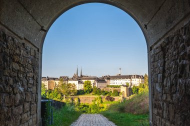 View over Luxembourg city from the Fort Thungen in Drai Eechelen Park clipart
