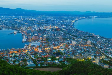 Hakodate Dağı 'ndan Gece Manzarası, Hokkaido, Japonya' daki Goryokaku Kulesi.