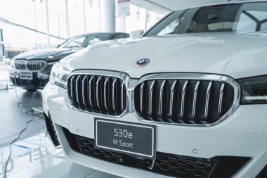 PHUKET, THAILAND - AUGUST 09, 2022: Cars in showroom of dealership BMW.