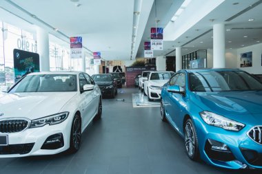 PHUKET, THAILAND - AUGUST 09, 2022: Cars in showroom of dealership BMW.