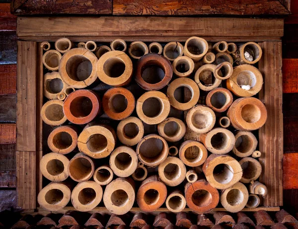 stock image Bamboo slices of an old natural decorated wall.