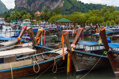 KRABI, THAILAND - 09 Ekim 2022: Okyanus sahilinde geleneksel Tayland tekneleri