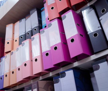 Muhasebe için dizinler bir rafta yatıyor.