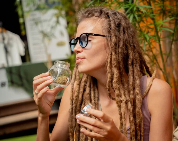 Hippie Style Woman Examines Joints Buds Medical Marijuana — Stock Photo, Image