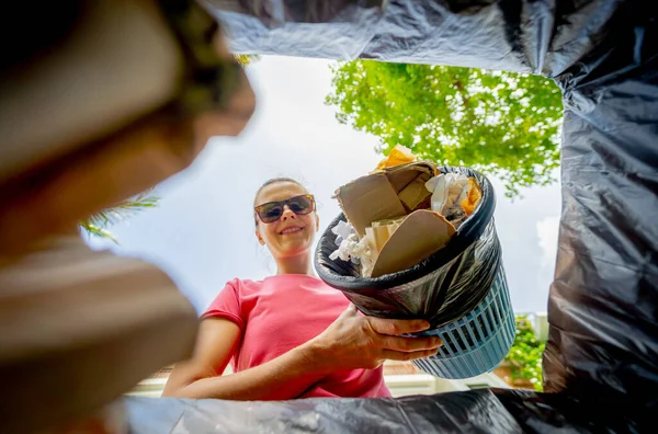 Young Beautiful Girl Throws Sorted Garbage Special Bins — Stock Photo, Image