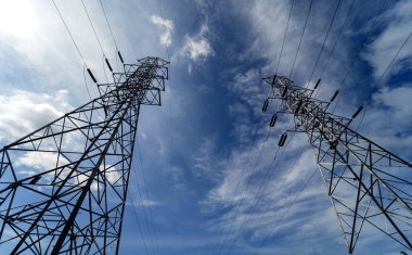 Structure pattern view of high voltage pole power transmission tower.