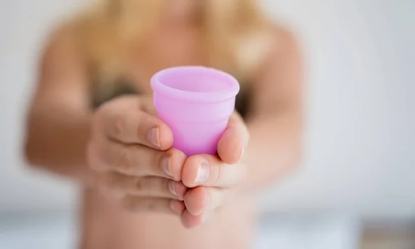 Young Beautiful Woman Home Holding Menstrual Cup Her Hands — ストック写真
